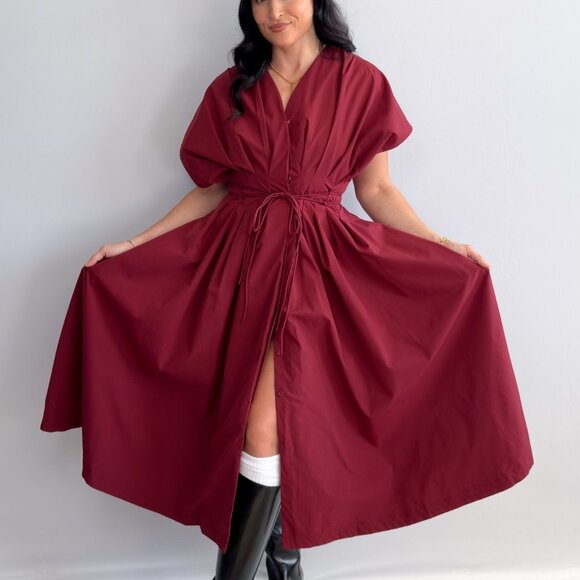 Women's Burgundy Tie-Waist Midi Dress with Pockets - Picture 2 of 9